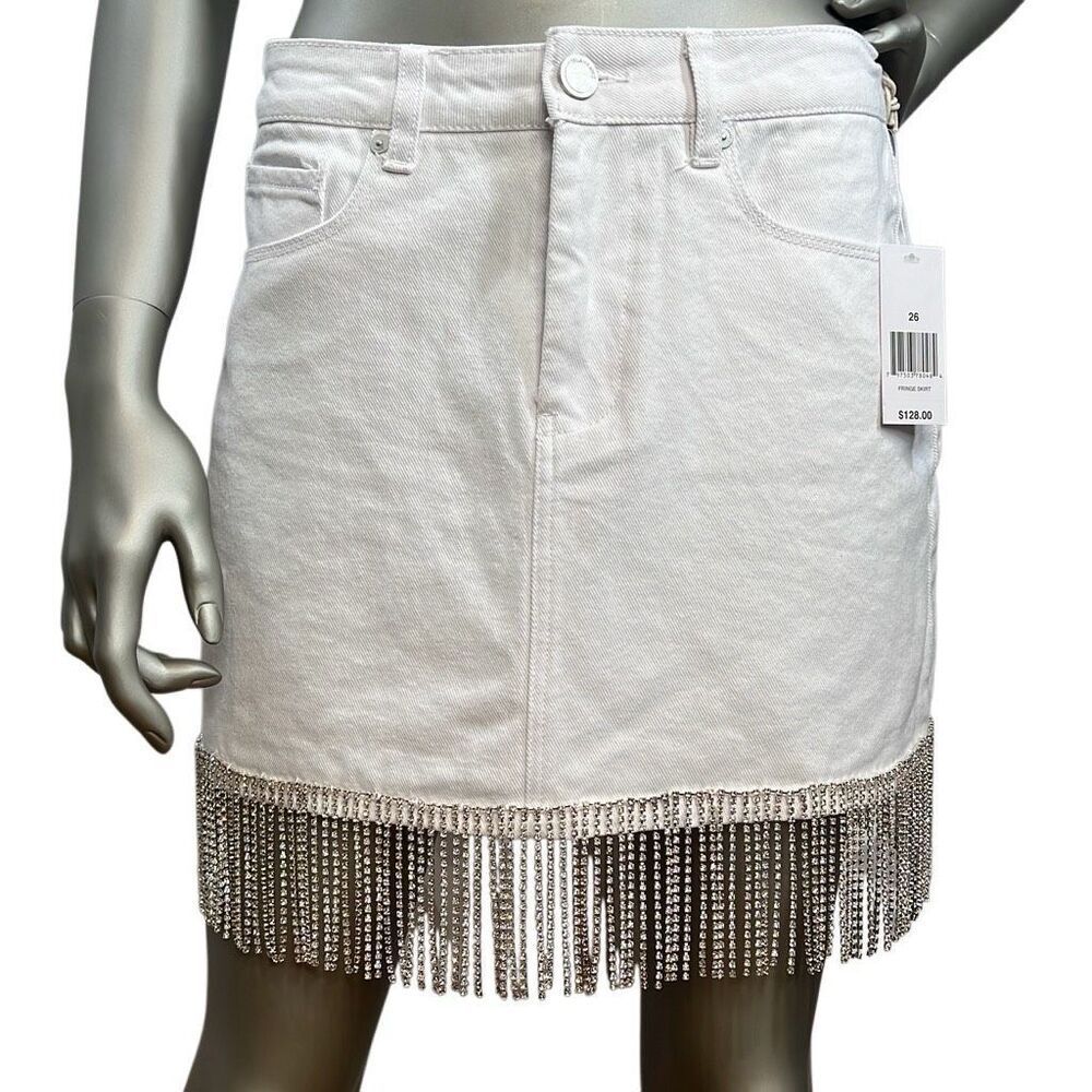 NWT BLANKNYC White Denim Fringe Skirt Rhinestone Trim Size 26 - Picture 2 of 16
